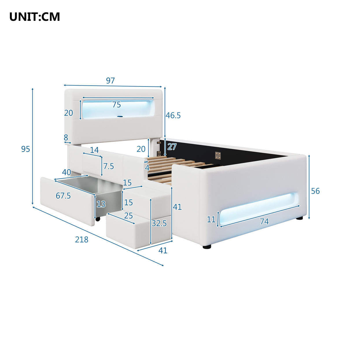 KINDERBETT 90/200 cm DE-03359, mit Treppe, Schubladen, LED-Lichtleisten und Aufbewahrungstaschen, in Weiß - Weiß, Holzwerkstoff (90/200cm) - ComfortXL