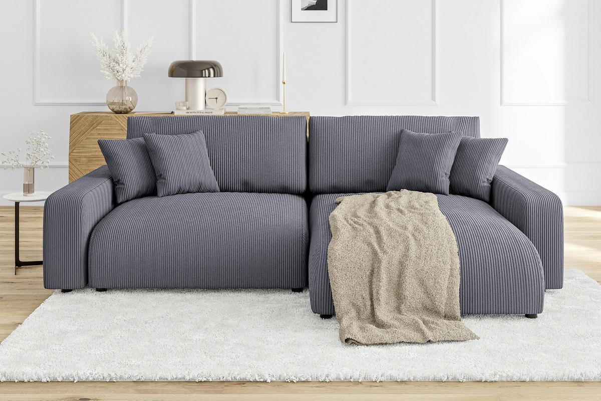 ECKSOFA Emma Grau Cord - Ottomane rechts - Grau, Textil (234/170cm) - S-Style Möbel
