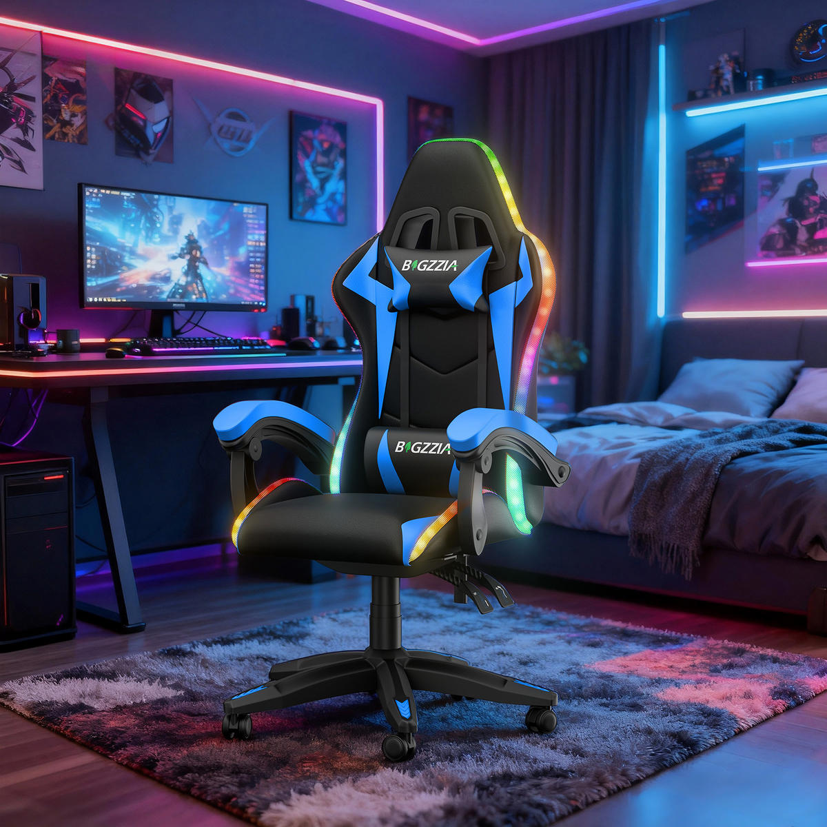 GAMINGSTUHL Schwarz-Blau,mit Led,Leder, Metall - Blau, Leder (29/59/79cm) - Rattrix