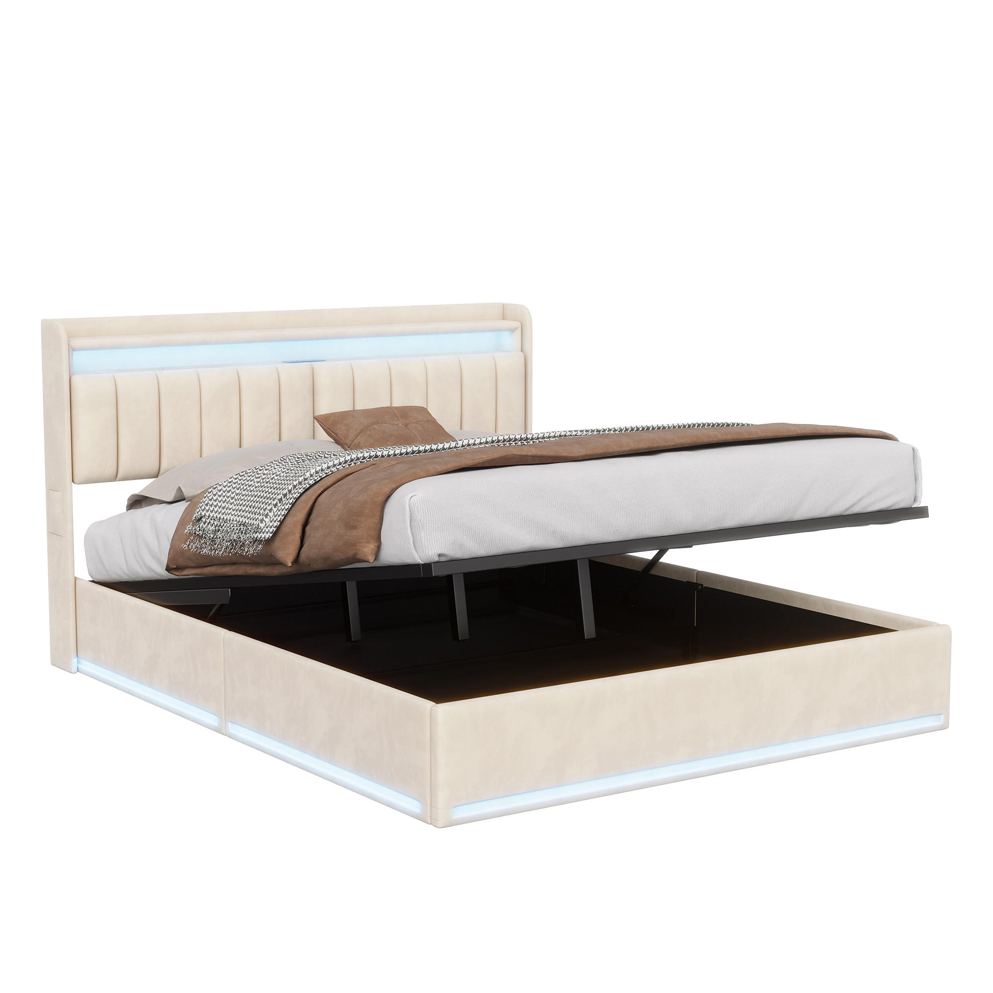 POLSTERBETT 160x200 cm mit LED, USB Und Type-C, Doppelbett mit Bettkasten 160x200, Stauraum, Beige Samt - Beige, Textil/Metall (160/200cm) - GENKI LIVING