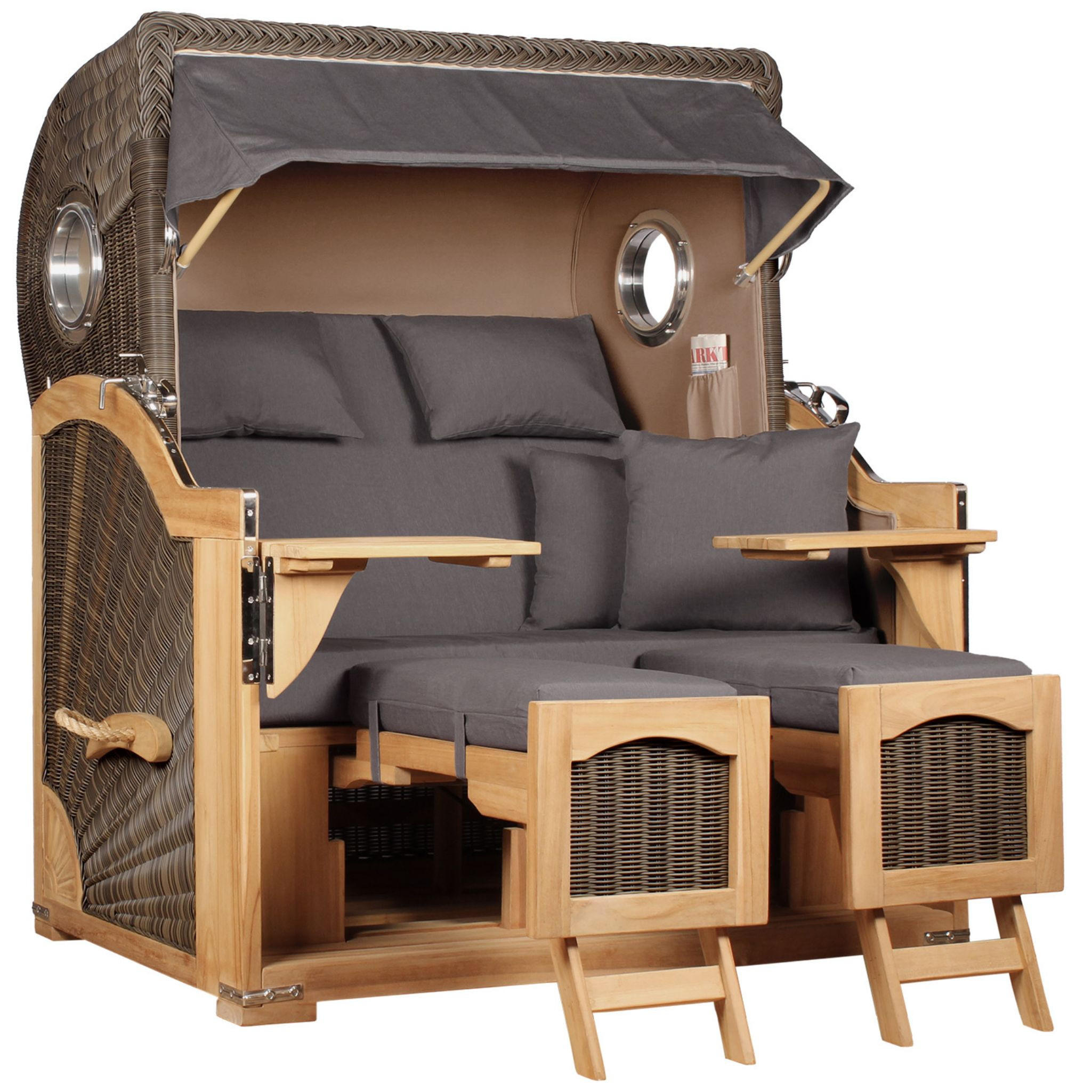 STRANDKORB Düne Grande Bullauge Teak PE Grey Dessin 551 - Braun/Grau, Metall (142/170/95cm) - Mr. Deko
