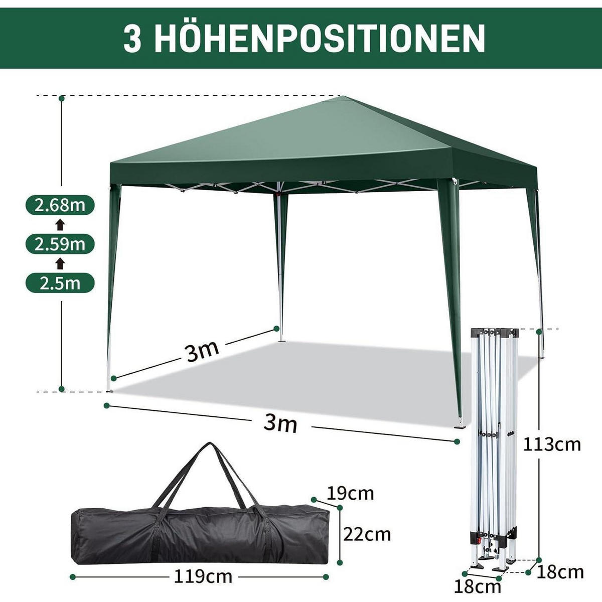 FALTPAVILLON 3x3m Grün mit 4 Seitenteilen - Grün, Textil (300/255/300cm)