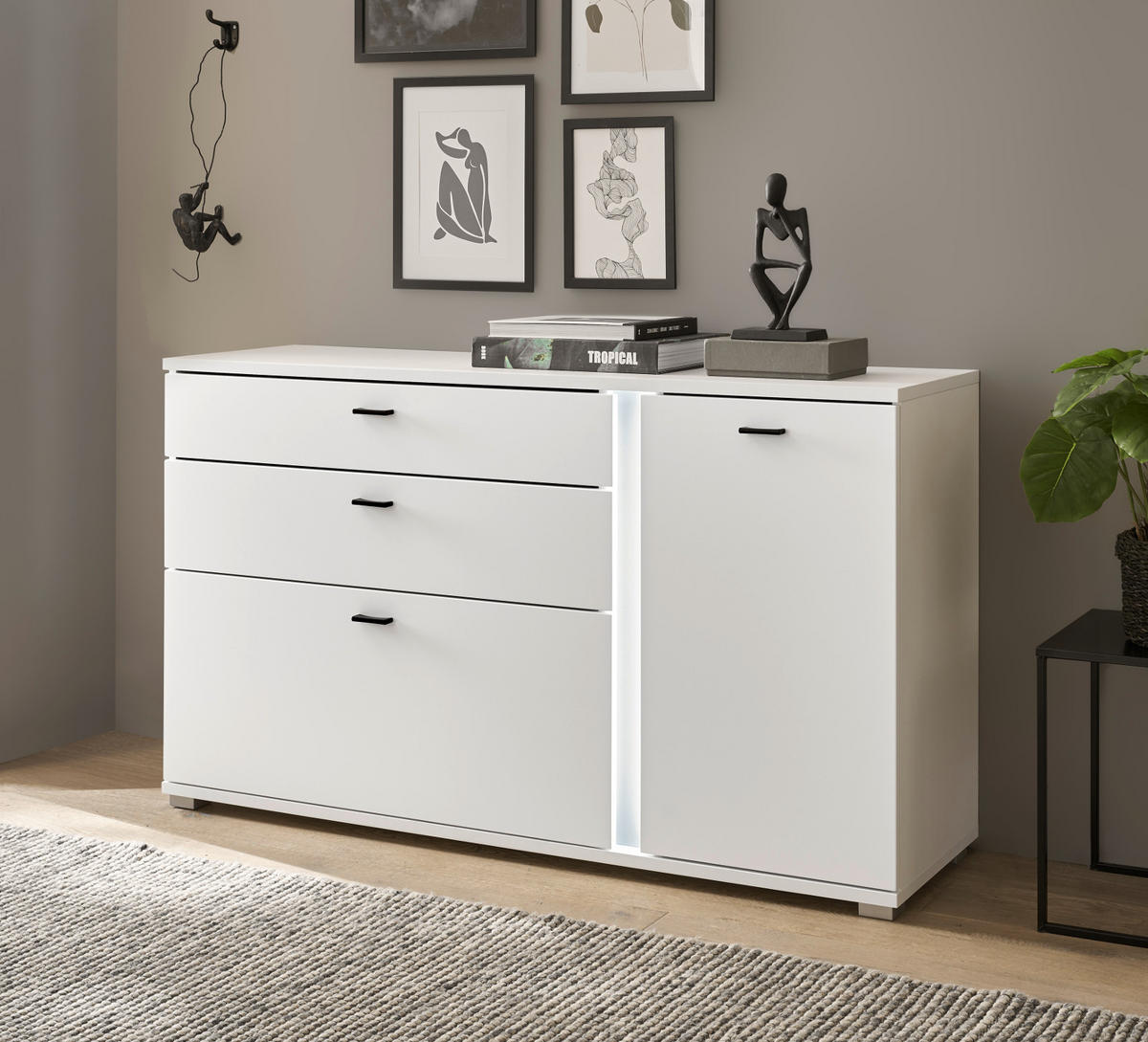 SIDEBOARD weiß matt, Kommode inklusive Frontbeleuchtung 150 cm - Weiß, Holzwerkstoff (150/86/42cm) - Furn.Design