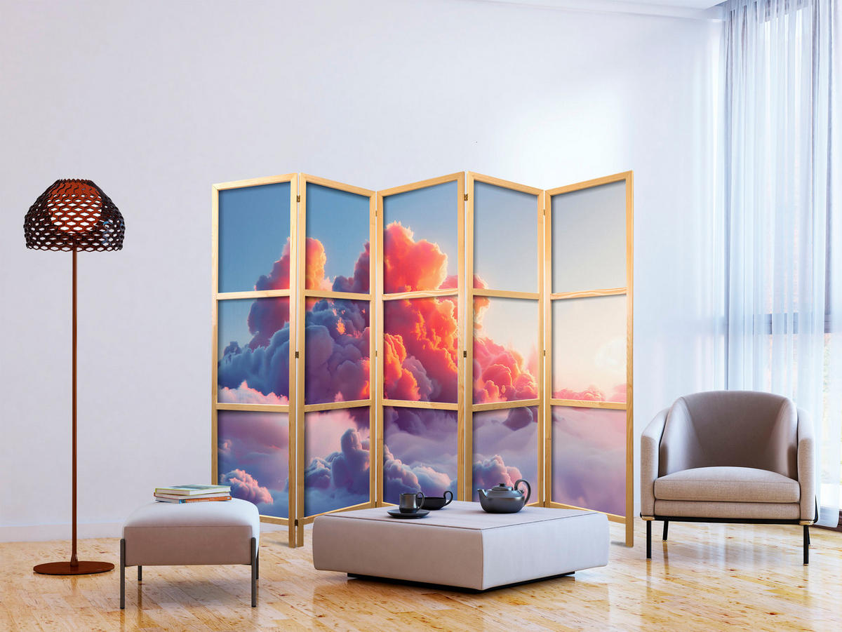 PARAVÁN Japonský 5-dielny 225x172 cm Farebné Oblaky - viacfarebná, drevo/textil (225/172/3cm) - Muralo