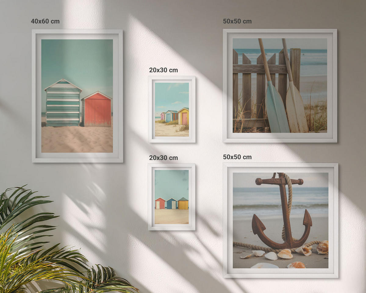 WANDBILDER 5er-Set - 50x50 cm & 20x30 cm & 40x60 cm Weißer Rahmen - Bunte Häuser, Strand, Sonne - Weiß, Kunststoff (40/60cm) - ArtPrintCave