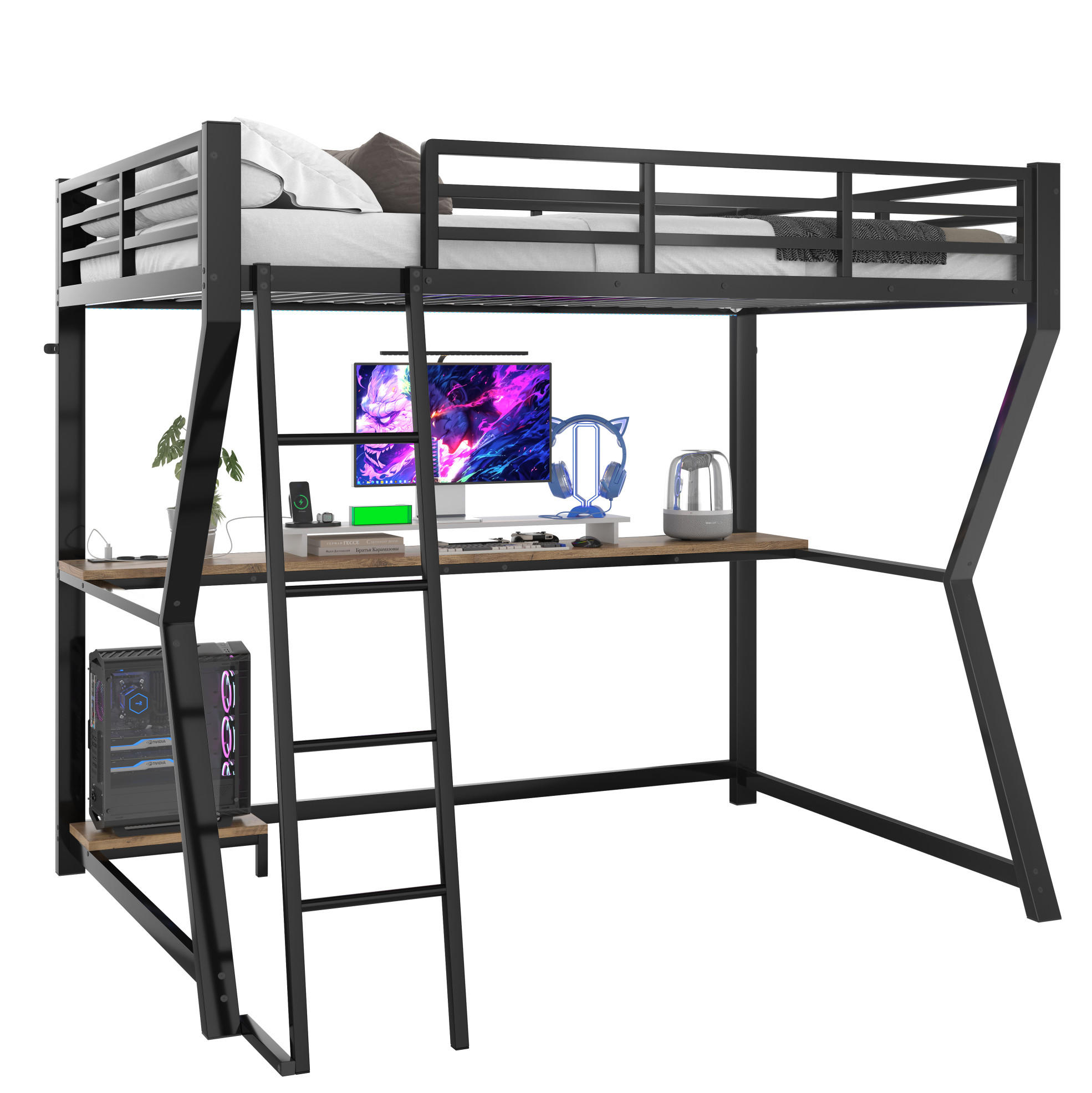 HOCHBETT 90/200 cm, Schwarz mit Schreibtisch, Steckdose und USB, ohne Matratze - Schwarz, Metall (90/200cm) - MIVRAY