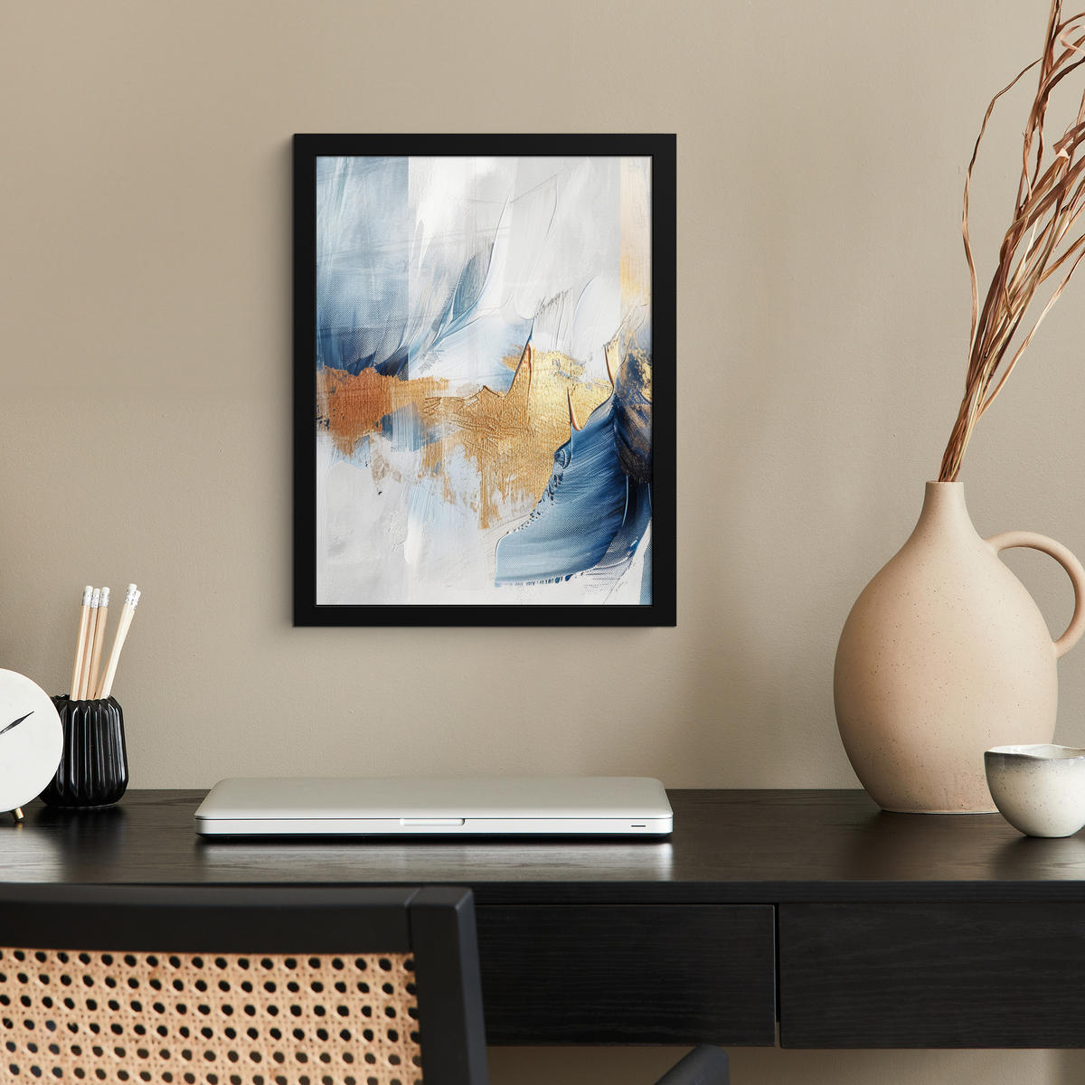 GERAHMTES BILD Gold - Blau - Aquarell - Kunst - Modern 30x40 cm - Hellblau, Papier (30/40cm) - MuchoWow