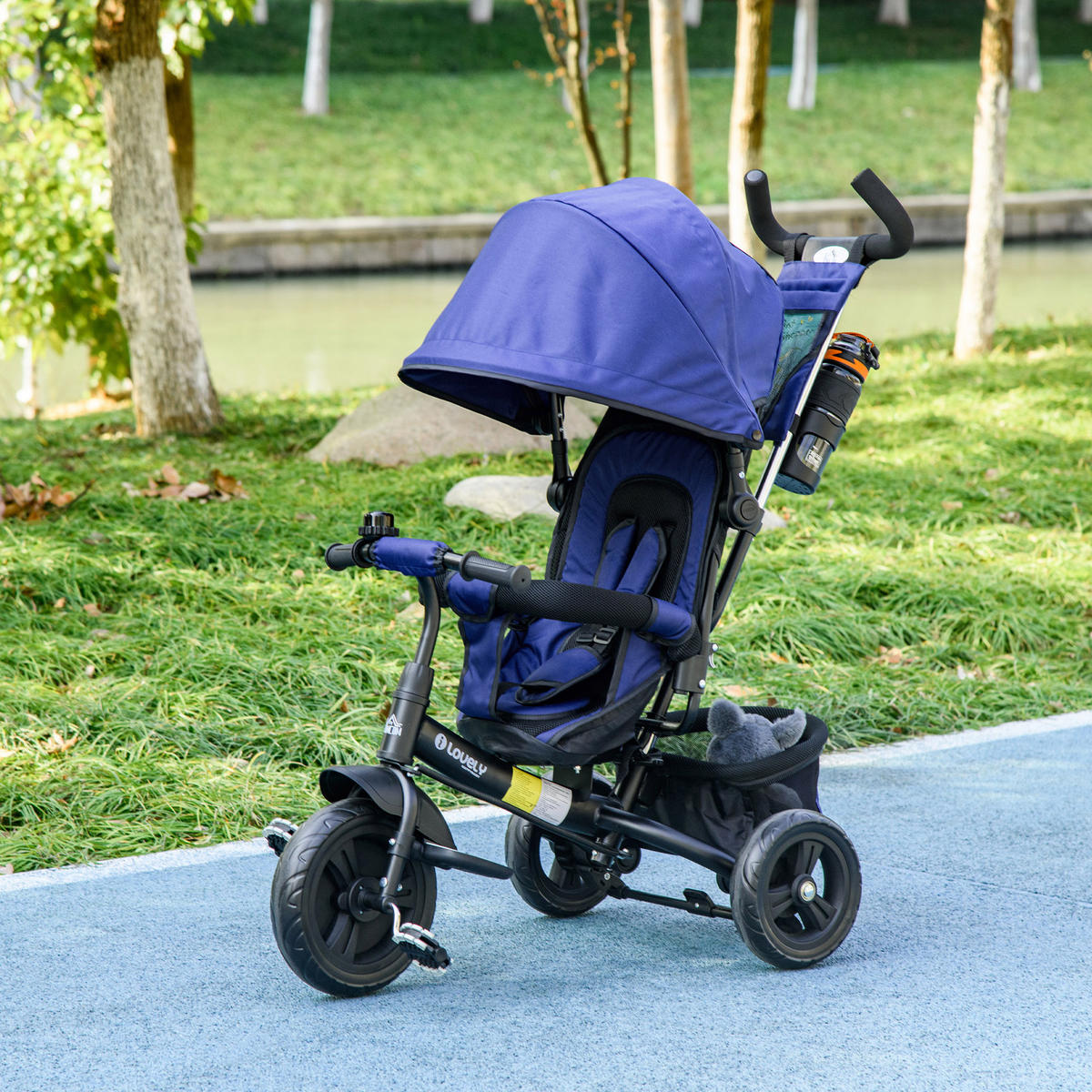 6-IN-1 Dreirad mit Schubstange, Kinderdreirad mit abnehmbarem Sonnendach - Blau, Metall (102/49/102cm) - HOMCOM