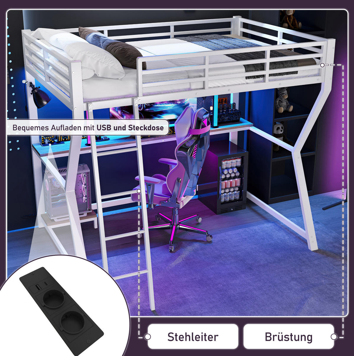 HOCHBETT 90/200 cm aus Metall/MDF mit Schreibtisch, LED-Beleuchtung und USB-Steckdose Weiß - Weiß, Metall (90/200cm) - Modenvie