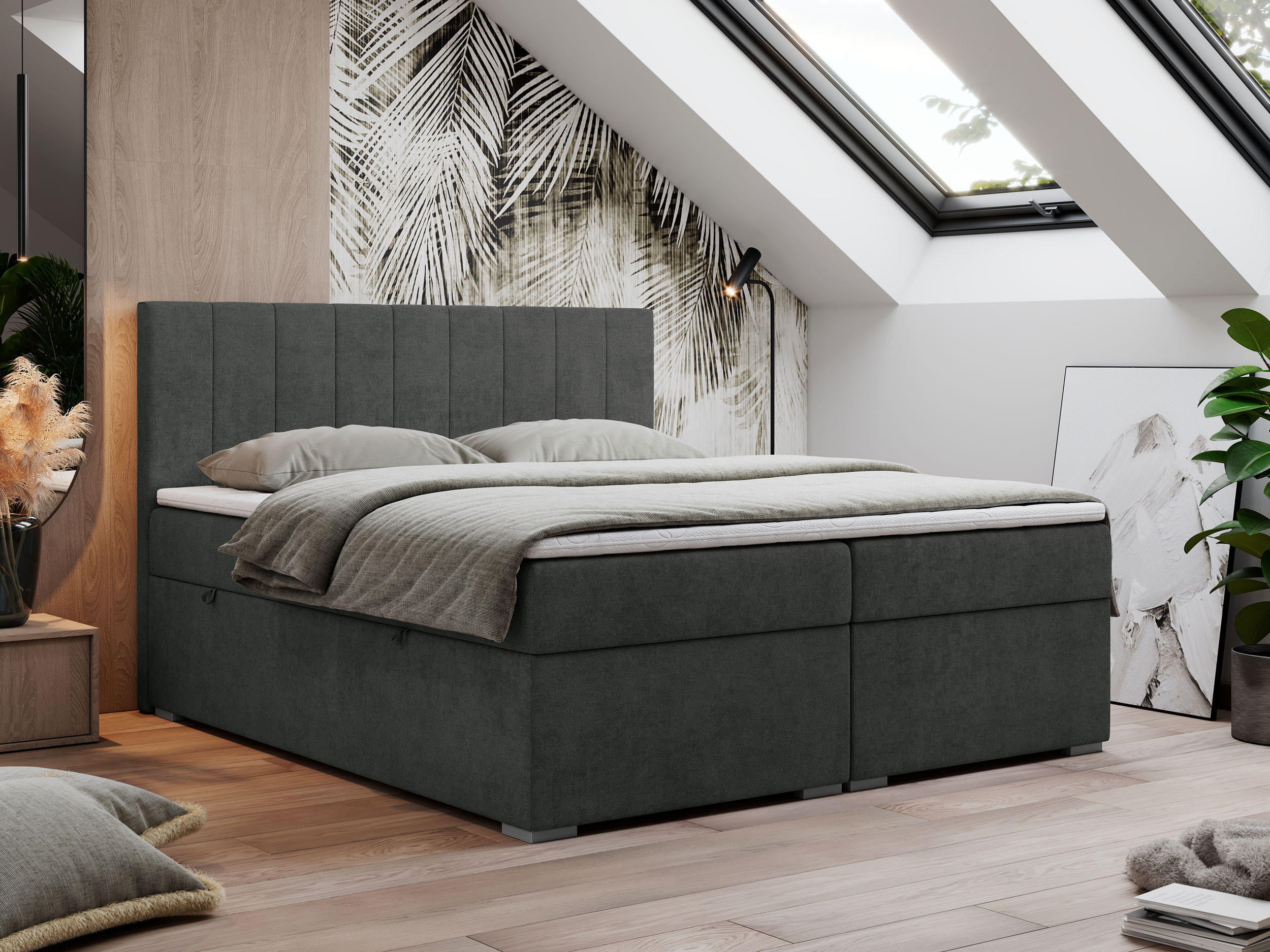 BOXBETT LOPE 140/200 - Dunkelgrau Strukture - H3 - Dunkelgrau, Holz/Textil (140/200cm)
