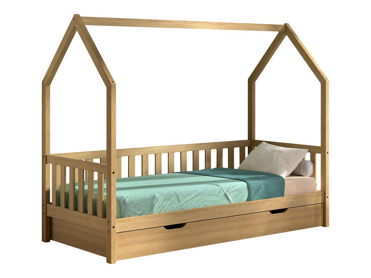 HAUSBETT Kandace 90x200 Eiche massiv natur mit Dachaufbau & Schublade - Eichefarben, Holz (90/200cm) - 58aufmkessel