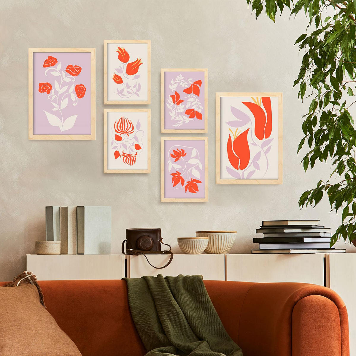 POSTER Set Mit 6 Großartige Blom In Blume Zusammenfassung Ästhetische Dekorative Gemälde Für Ihr Wohnzimmer Zuhause A3 & A4 Rahmen Aus Hellem Holz - Beige, Papier (29/3cm) - Nacnic