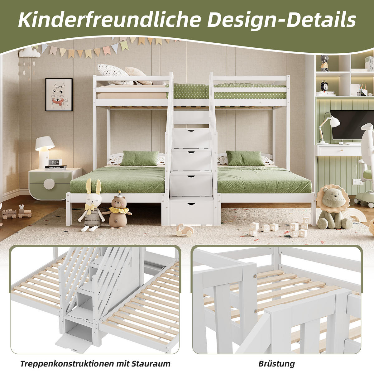 HOCHBETT 90x200cm Weiß Kiefernholz 3 Betten EN747 Leiter mit Schubladen - Weiß, Holz (90/200cm) - FLIEKS