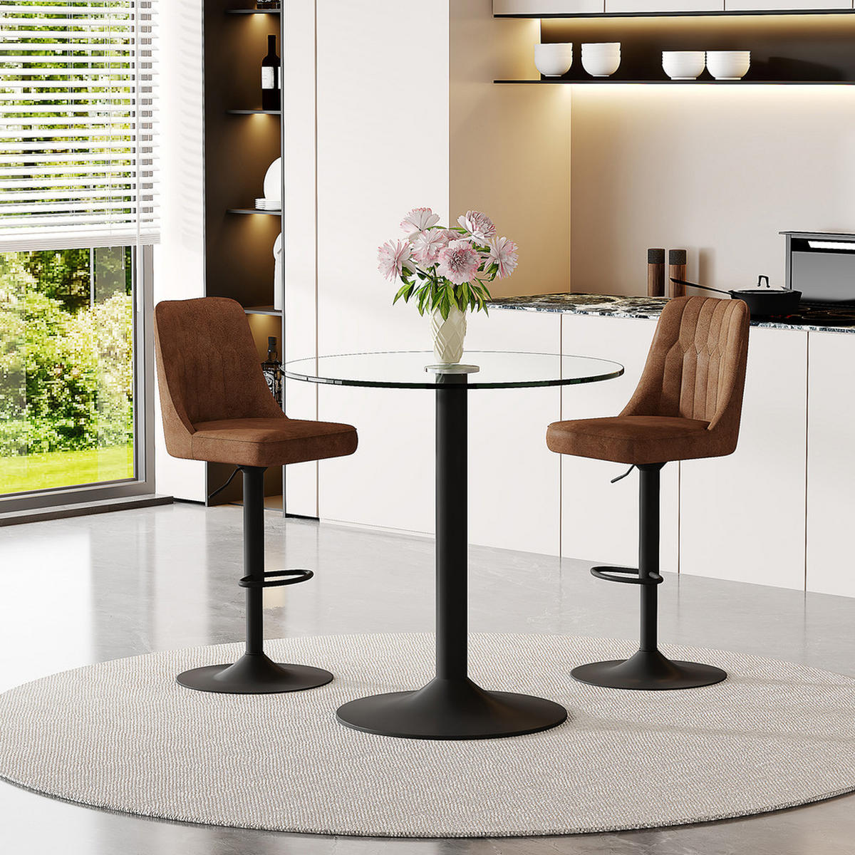 TISCHGRUPPE 3-tlg Glastisch 89cm mit 2 drehbaren Barhockern - Braun, Glas/Metall (56/50/61cm) - Raelunyi