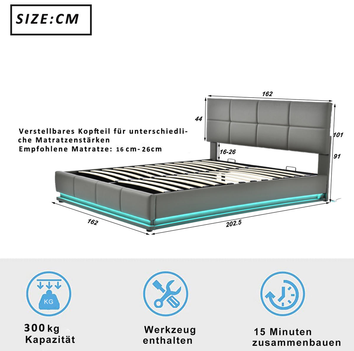 POLSTERBETT mit LED und Bettkasten 160x200 cm Kunstleder Grau - Grau, Metall (160/200cm) - Meubliv