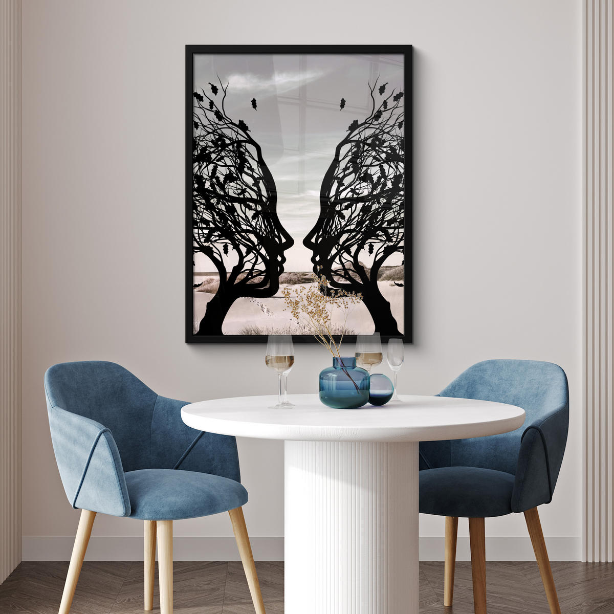 GERAHMTES BILD Strand - Meer - Menschen - Baum - Moderne Kunst 60x80 cm - Hellgrau, Papier (60/80cm) - MuchoWow