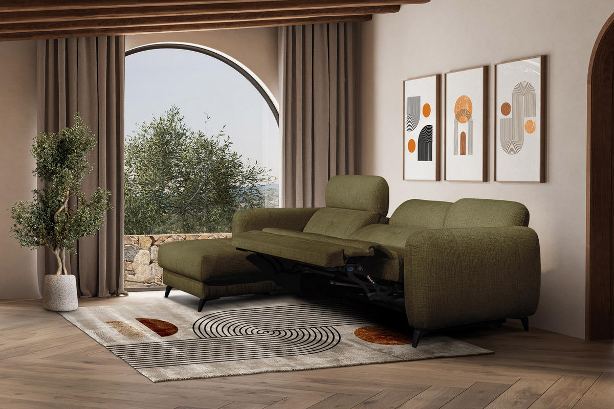 ECKSOFA SVEN 3-Sitzer, 1 Relax XL, verstellbare Kopfstützen, olivgrün - Schwarz/Olivgrün, Holzwerkstoff/Textil (256/163cm) - Courtois Laville