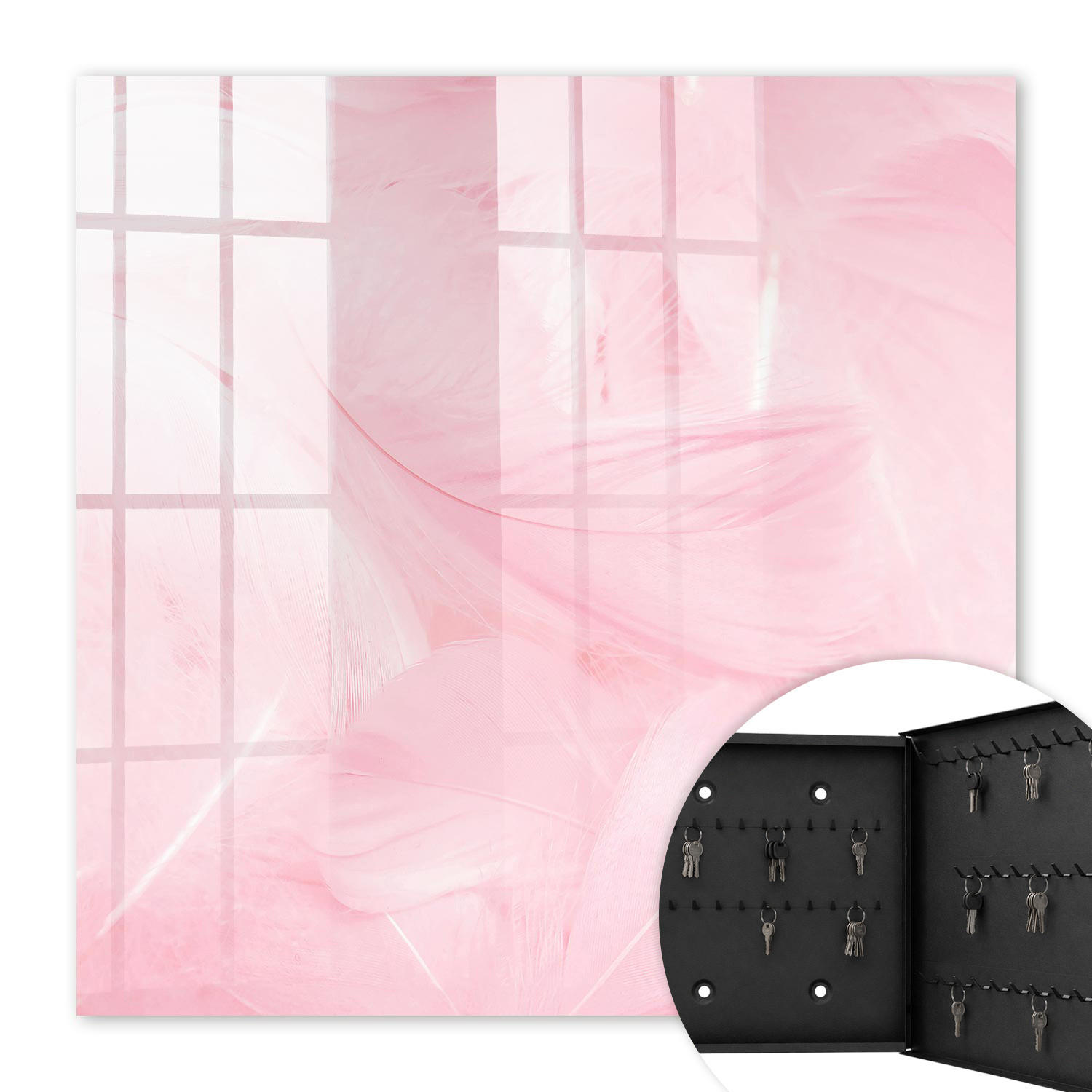 SCHLÜSSELBOX Schwarz 30x30 cm- Türöffnung nach rechts - Rosa Federn - Pink, Metall (30/30/5cm) - TULUP