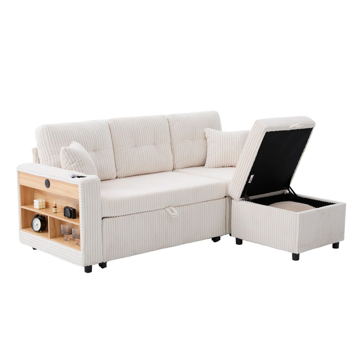 SCHLAFSOFA 196/82-144/85 cm mit Ausziehfunktion, Stauraum, USB-C, LED und Getränkehaltern, Beige - Beige, Textil (82/85/196cm) - Redom