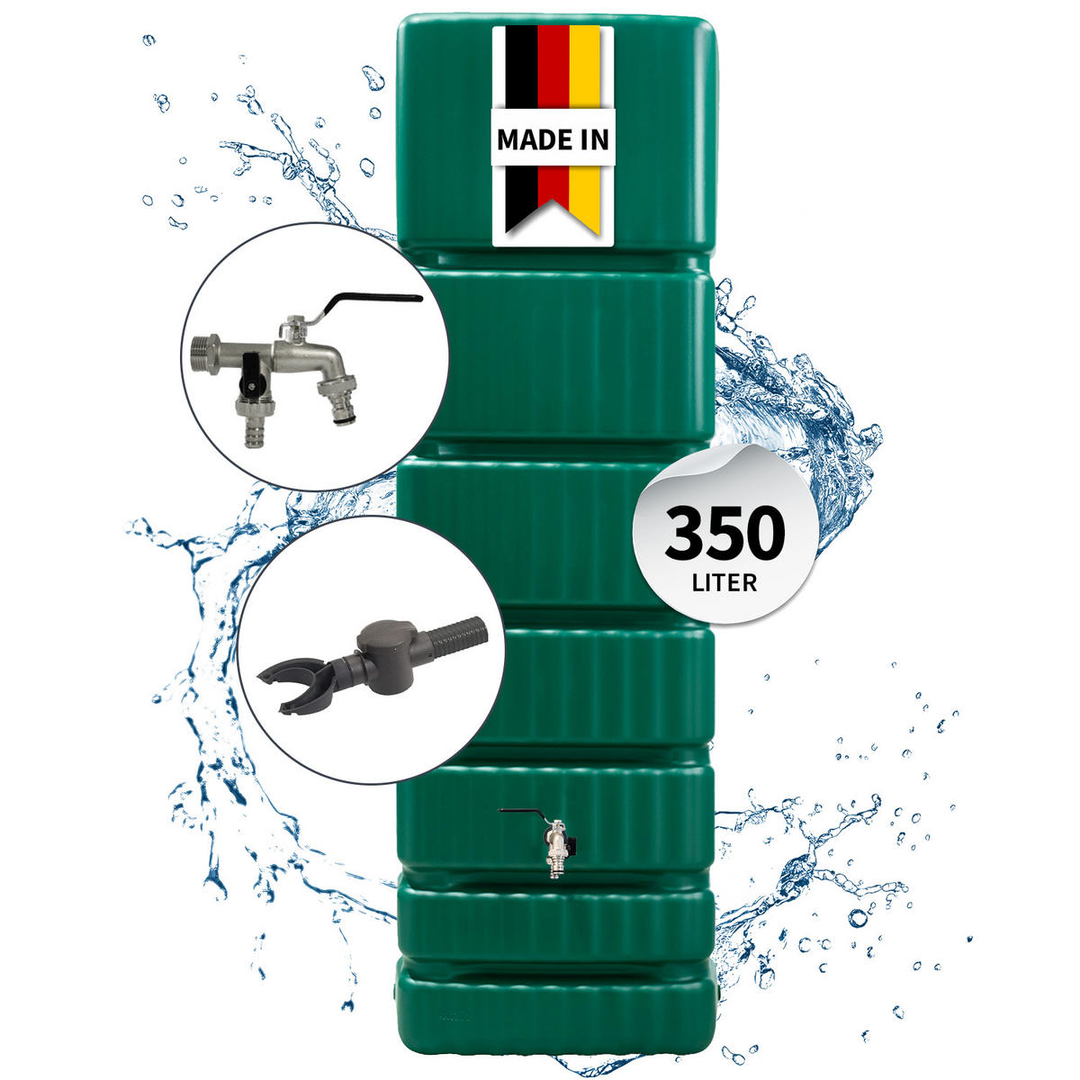 REGENTONNE Wandtank Komplett-Set 350 L, dunkelgrün inkl. Chrom-Doppelauslaufhahn und Fallrohranschluss - Grün, Kunststoff (39/184/60cm) - 4rain
