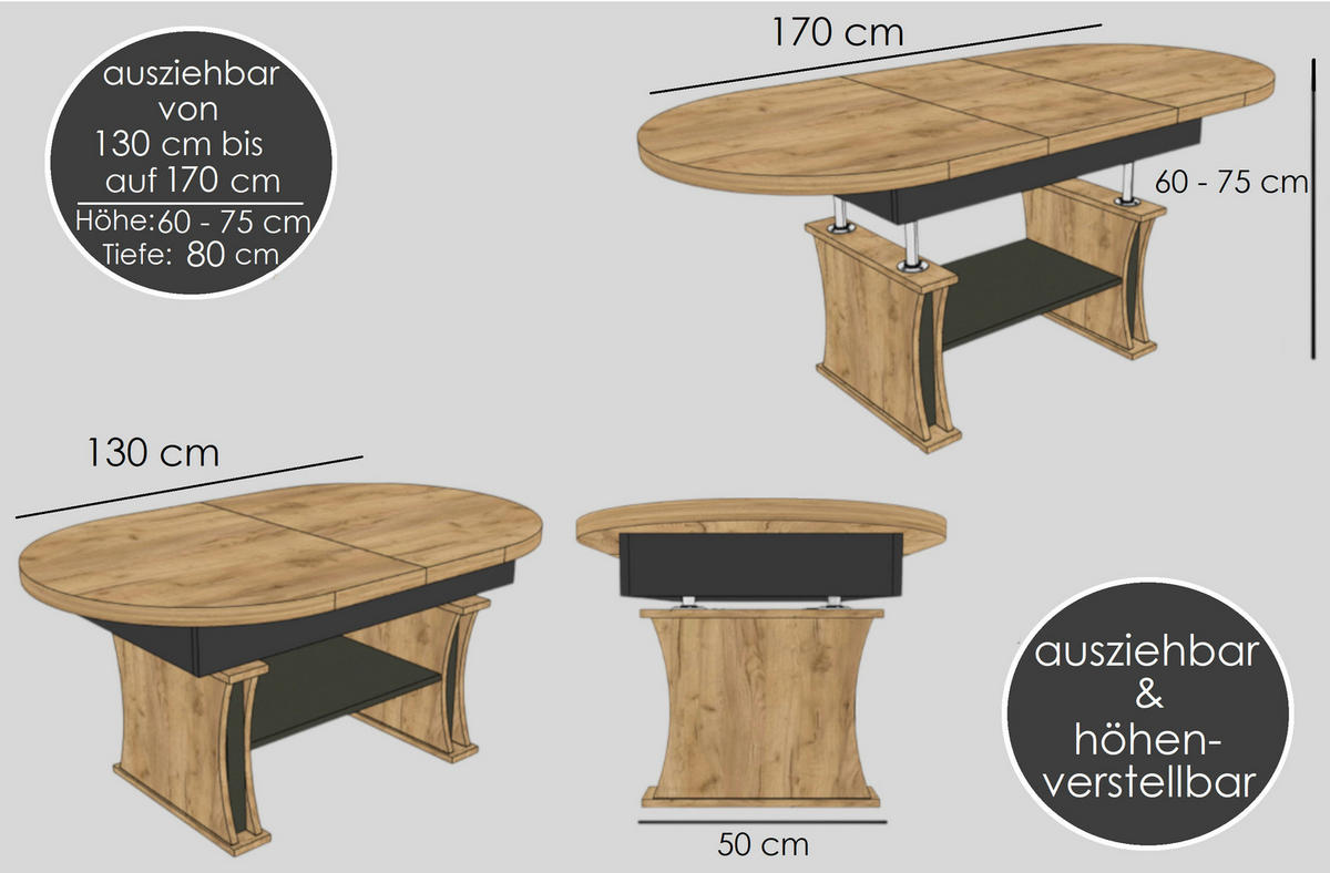 COUCHTISCH oval ausziehbar höhenverstellbar Ablage 130/80/60 cm - Hellgrau/Schwarz, Holzwerkstoff (80/130/60cm) - designimpex