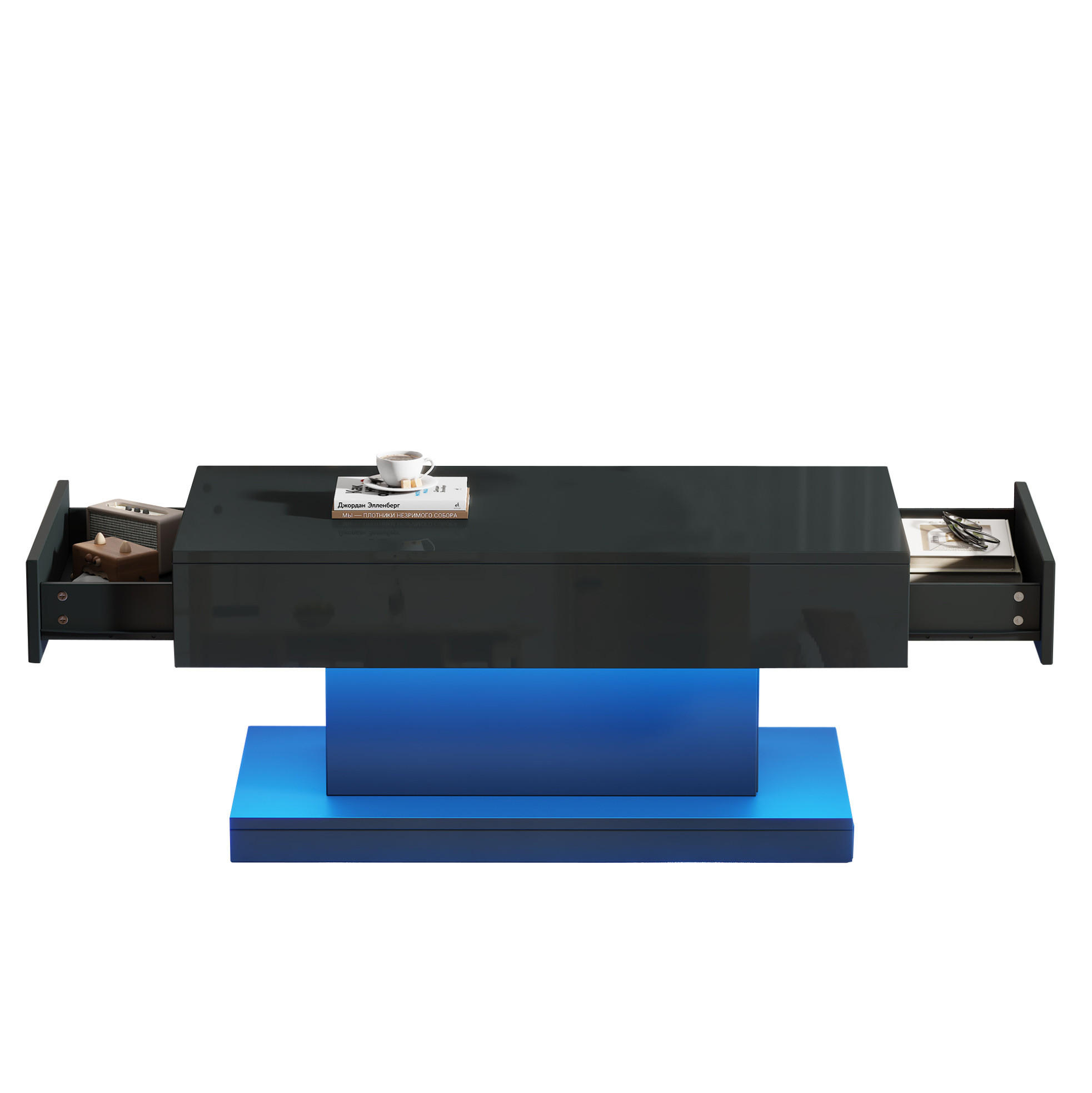 COUCHTISCH aus Spanplatte 100x50x45 cm Schwarz mit 2 Schubladen, LED-Beleuchtung und Hochglanz-Oberfläche - Schwarz, Holzwerkstoff (100/50/45cm) - Modfu