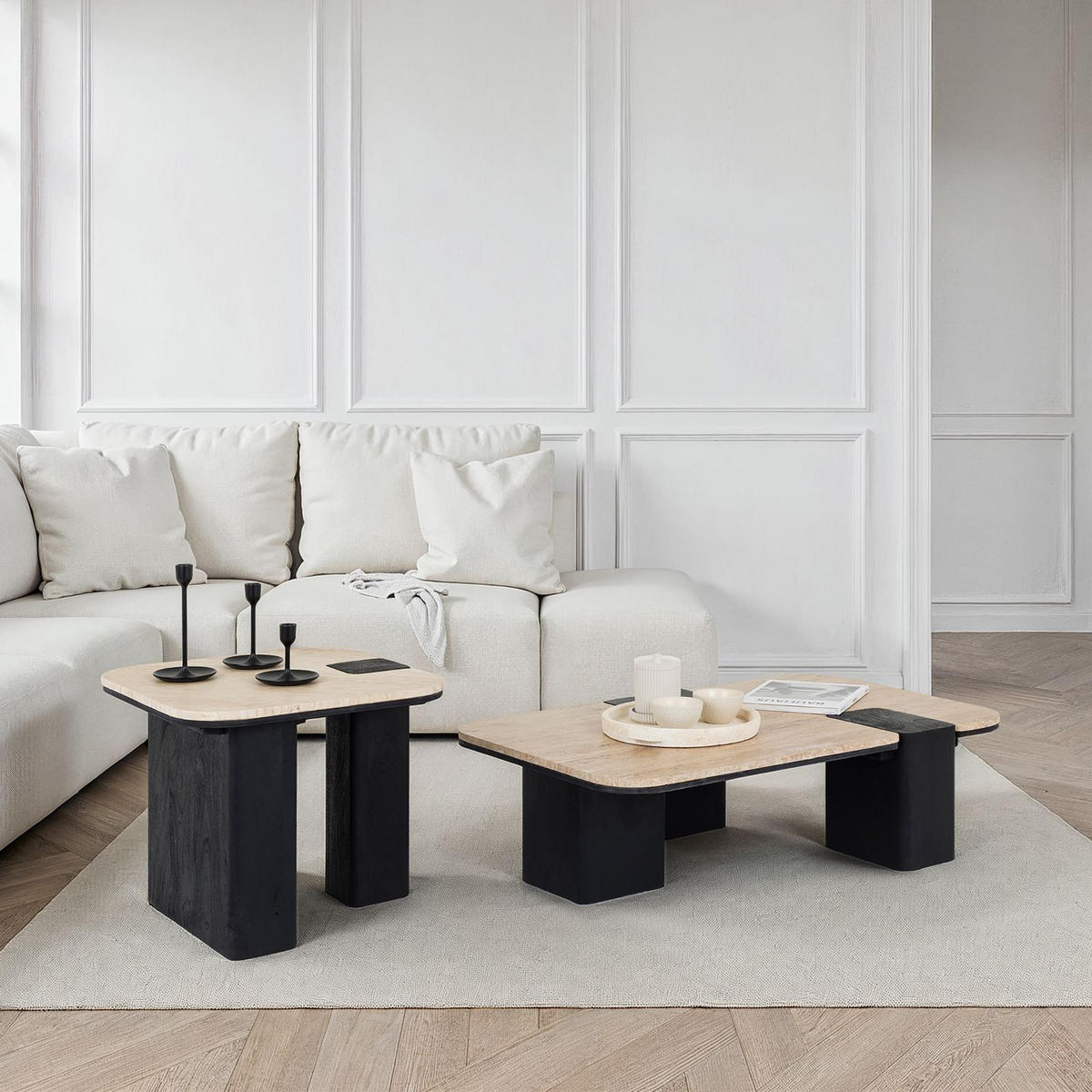 COUCHTISCHSET SURAT/DELHI 2er Set beige/schwarz - Beige/Schwarz, Naturmaterialien/Holz (60/100/27cm) - IDIMEX