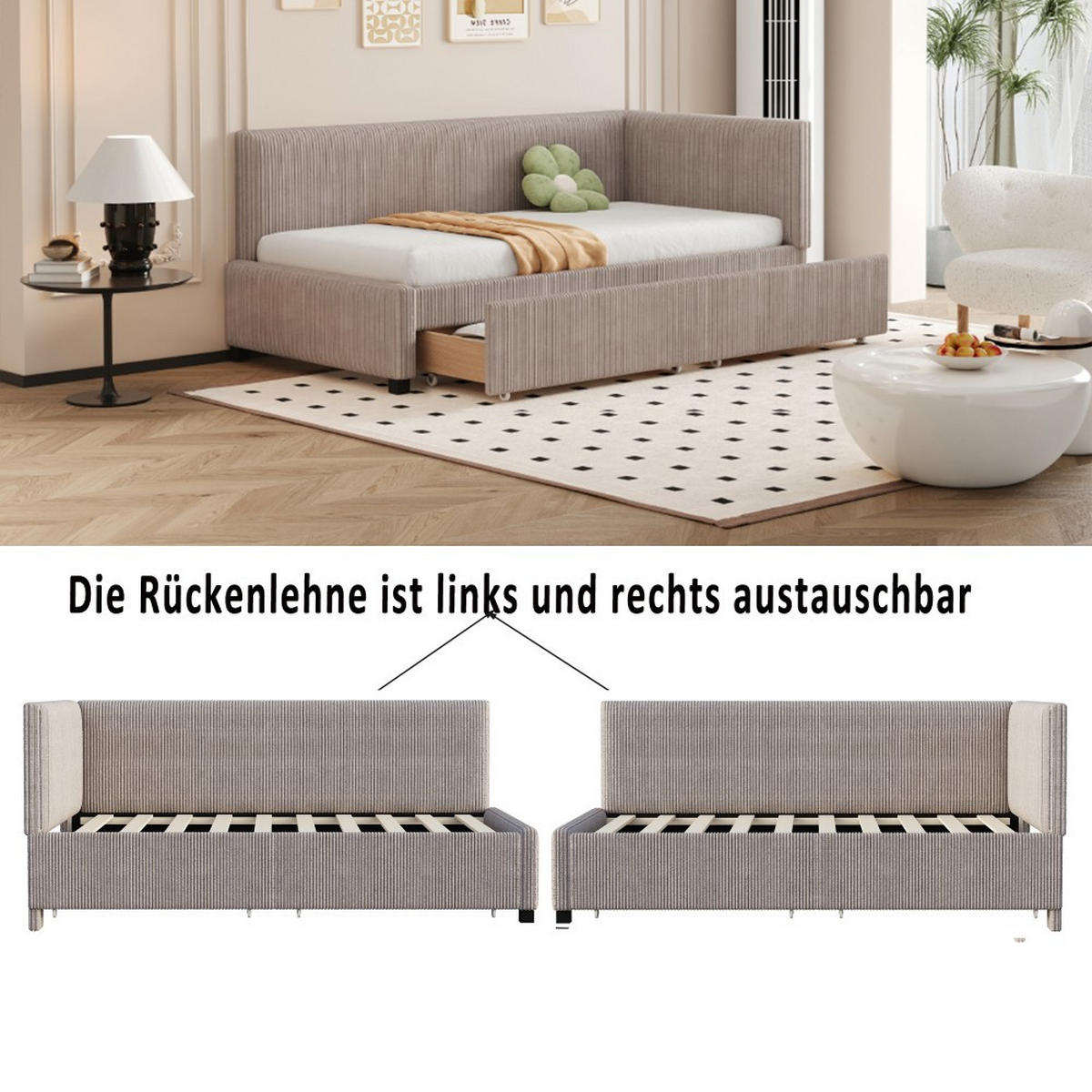 SCHLAFSOFA 90x200 cm in Grau Samtstoff mit 2 großen Stauraumschubladen - Grau, Holz/Textil (97/68/204.5cm) - KOMHTOM
