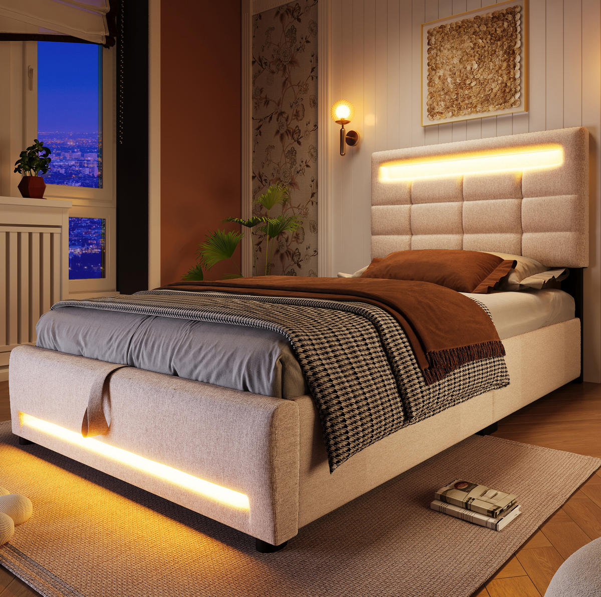 ČALÚNENÁ posteľ z ľanu a MDF 90x200 cm béžová s APP ovládaním, LED osvetlením, USB a hydraulickým úložným priestorom - béžová, textil (90/200cm) - Modfu