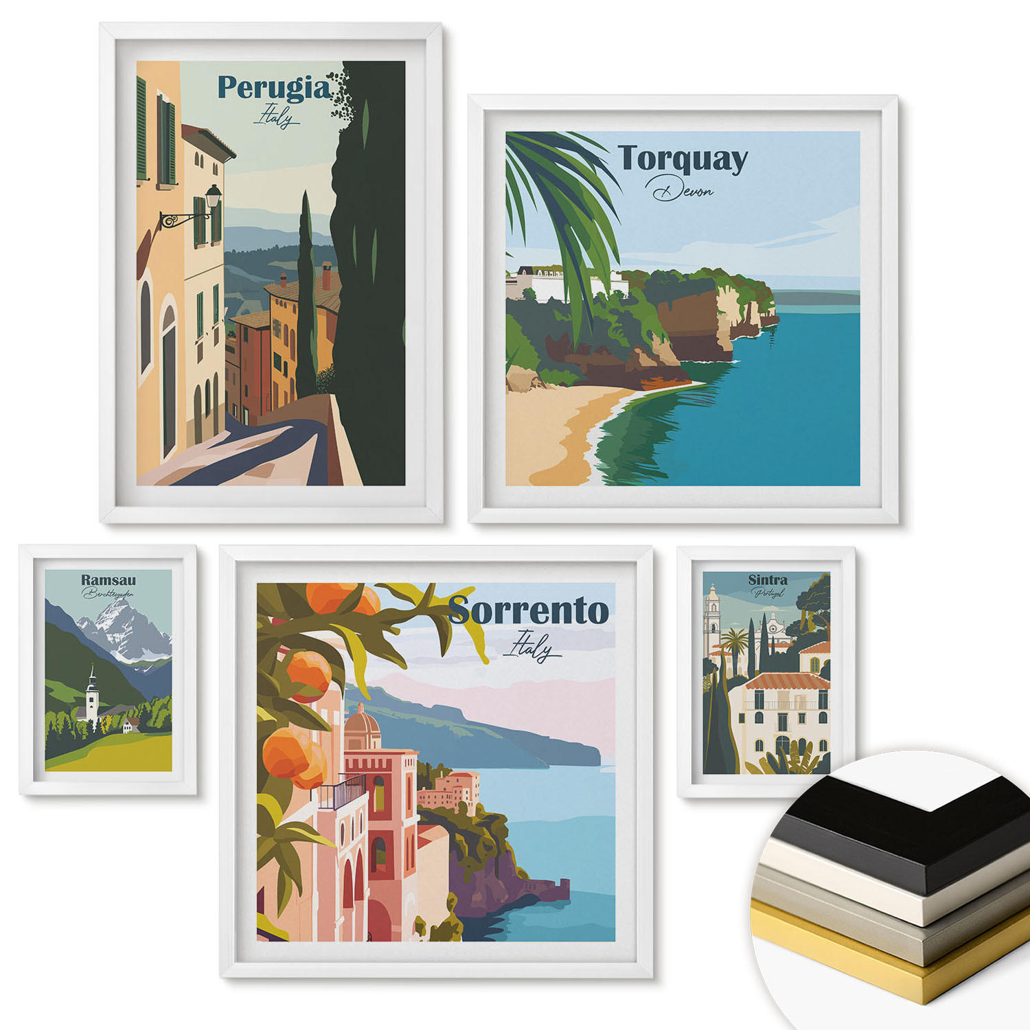 WANDBILDER 5er-Set - 50x50 cm & 20x30 cm & 40x60 cm Weißer Rahmen - Ansichten europäischer Häfen - Weiß, Kunststoff (40/60cm) - ArtPrintCave