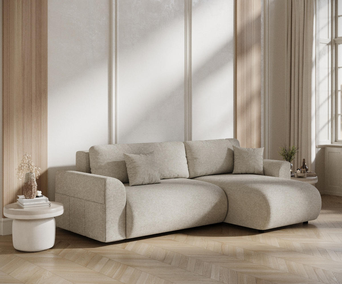 ECKSOFA MIT SCHLAFFUNKTION Bodega Beige Grau Chenille - Beige/Schwarz, Holz/Holzwerkstoff (235/138cm) - Maison de Reve