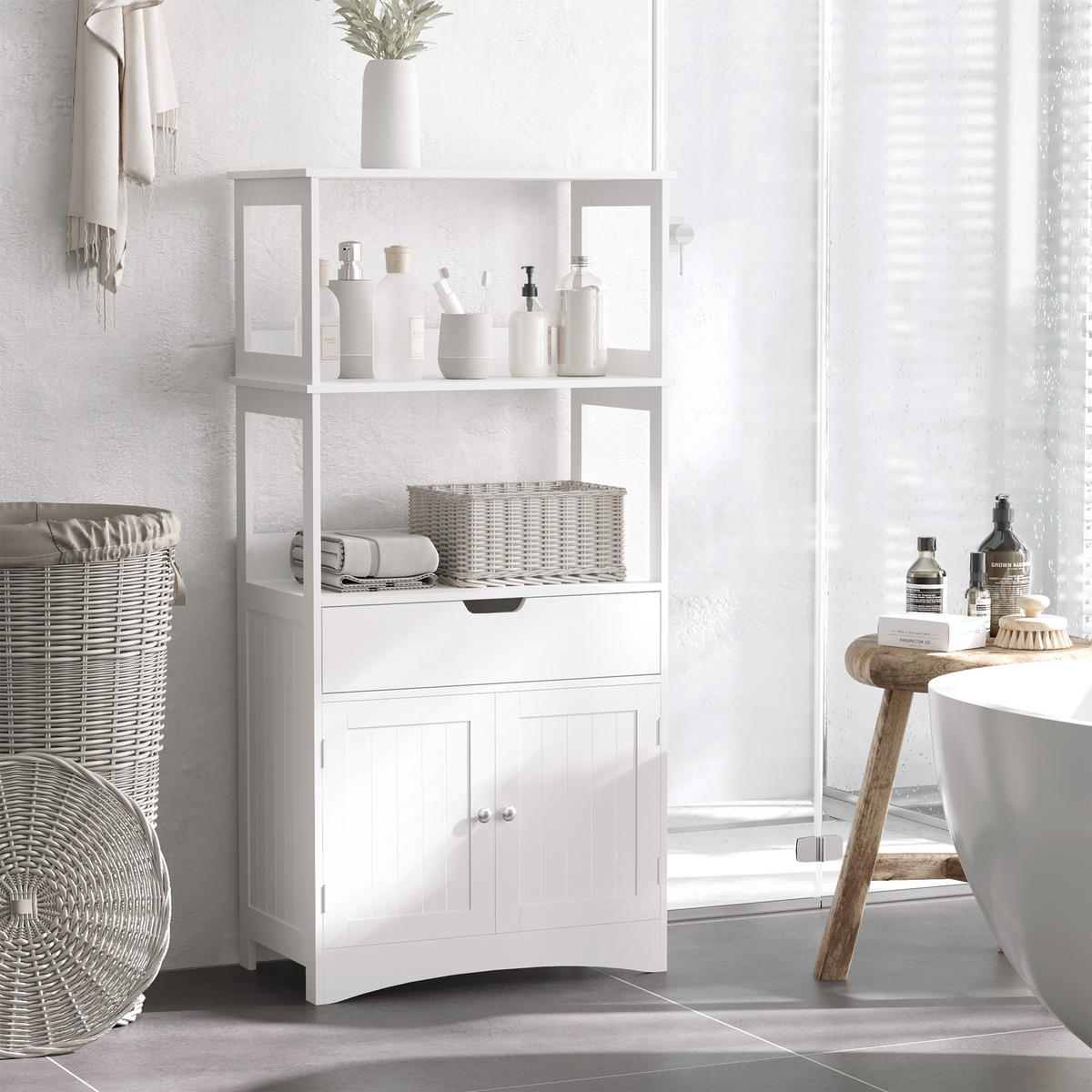 BADEZIMMERSCHRANK DE-17297 2 Türen, Schublade, 3 Regalböden Weiß - Weiß, Holzwerkstoff (33/122.5/60cm) - ComfortXL