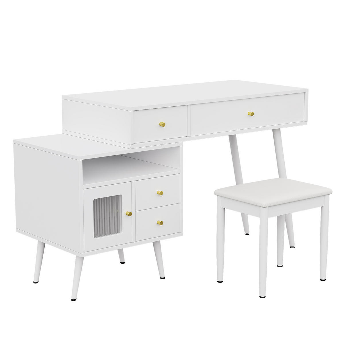 SCHMINKTISCH Set mit Hocker LED Spiegel Metallgriffe Modern - Weiß, Holzwerkstoff (120/77.5/50cm) - FLIEKS