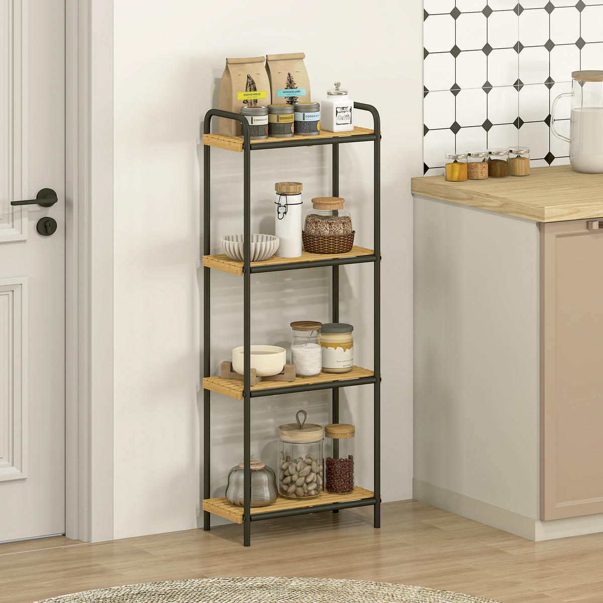BADEZIMMERREGAL DE-17341 4 Ebenen, schmal aus Bambus & Stahl Natur - Schwarz, Naturmaterialien (21.5/106/41.5cm) - ComfortXL