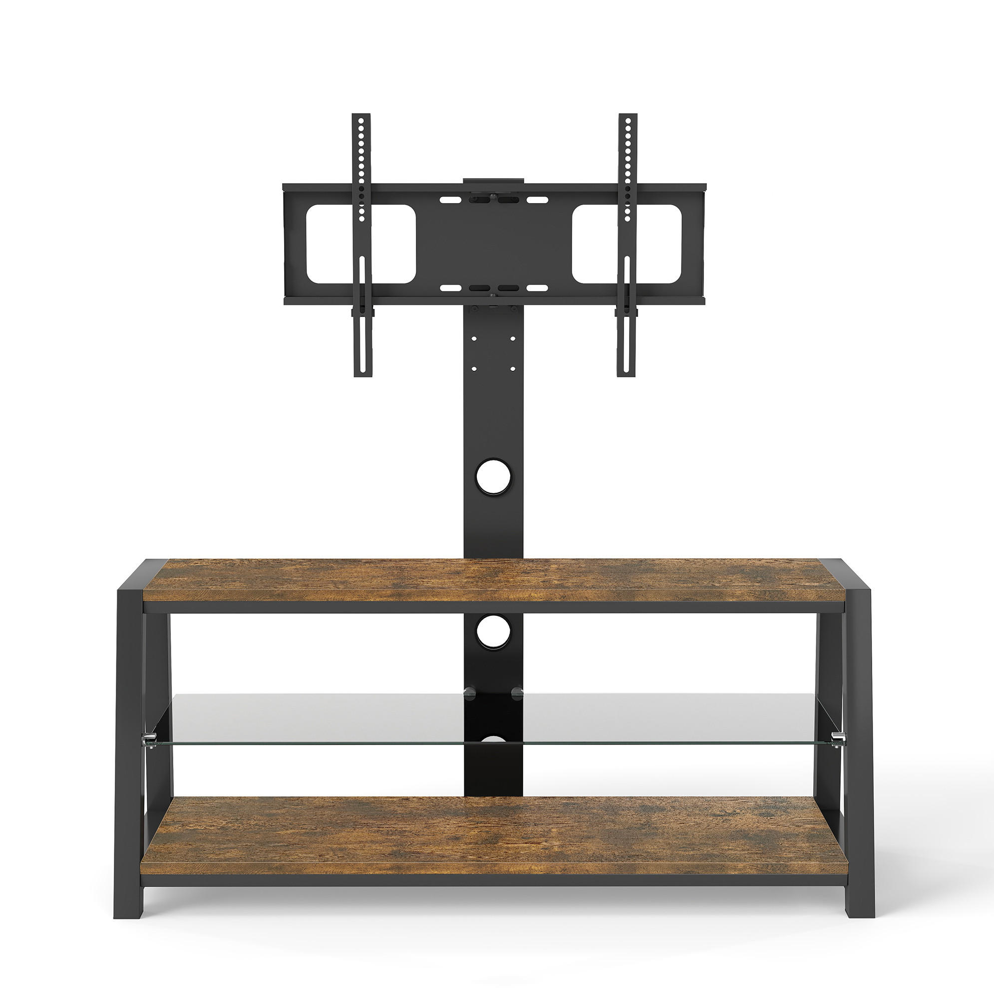 Modfu TV stolek z MDF, kovu a skla 116x125x42 cm hnědý s výškově nastavitelným a otočným držákem, vedením kabelů