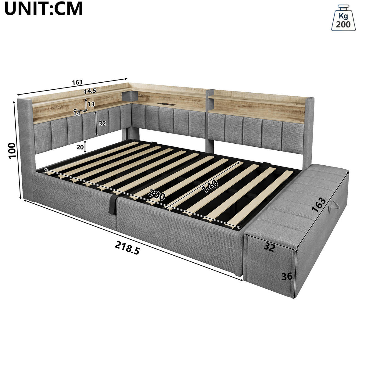 TAGESBETT 140 x 200 cm, Grau, Samt, LED, USB - Grau, Textil (140/200cm) - FLIEKS