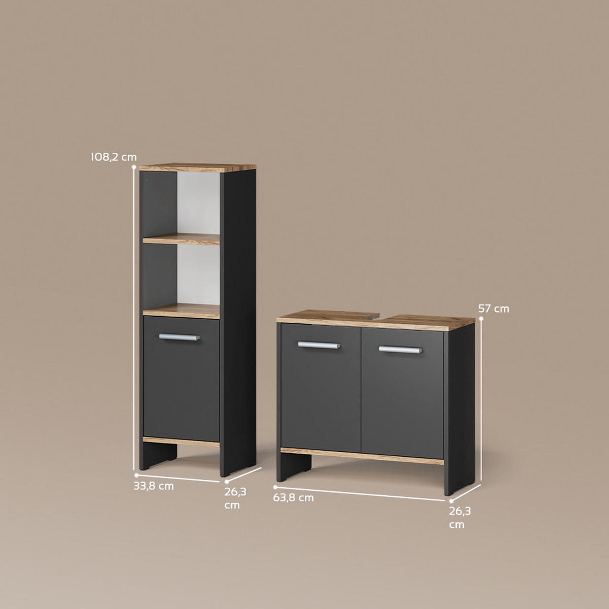 BADEZIMMERMÖBEL-SET Amalfi Anthrazit/Goldkraft Eiche 2 Teile - Honigeiche/Anthrazit, Holzwerkstoff (63.8/57/26.3cm) - Livinity®