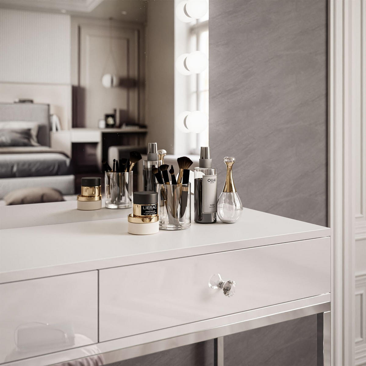 SCHMINKTISCH BLANCO GLAMOUR ELITE mit Spiegel und Beleuchtung Weiß Hochglanz Kristallgriff - Weiß Hochglanz/Silberfarben, Holzwerkstoff (100/146/42cm) - Lookway