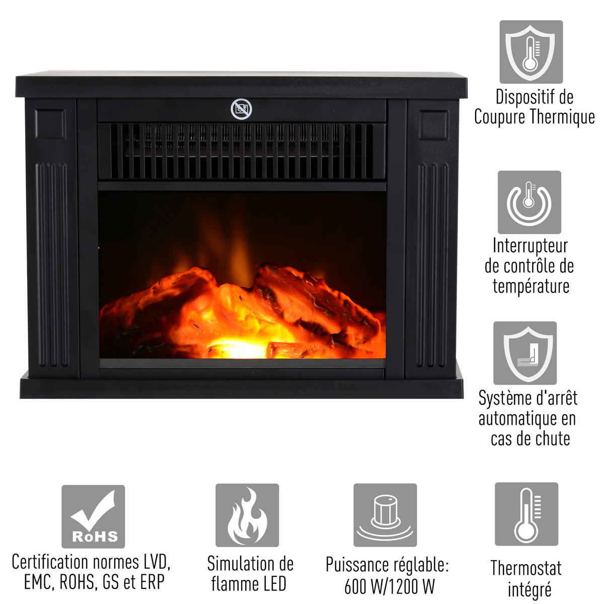 ELEKTROKAMIN DE-16997 600-1200 W mit Thermostat Schwarz - Schwarz, Kunststoff (34/25/17cm) - ComfortXL