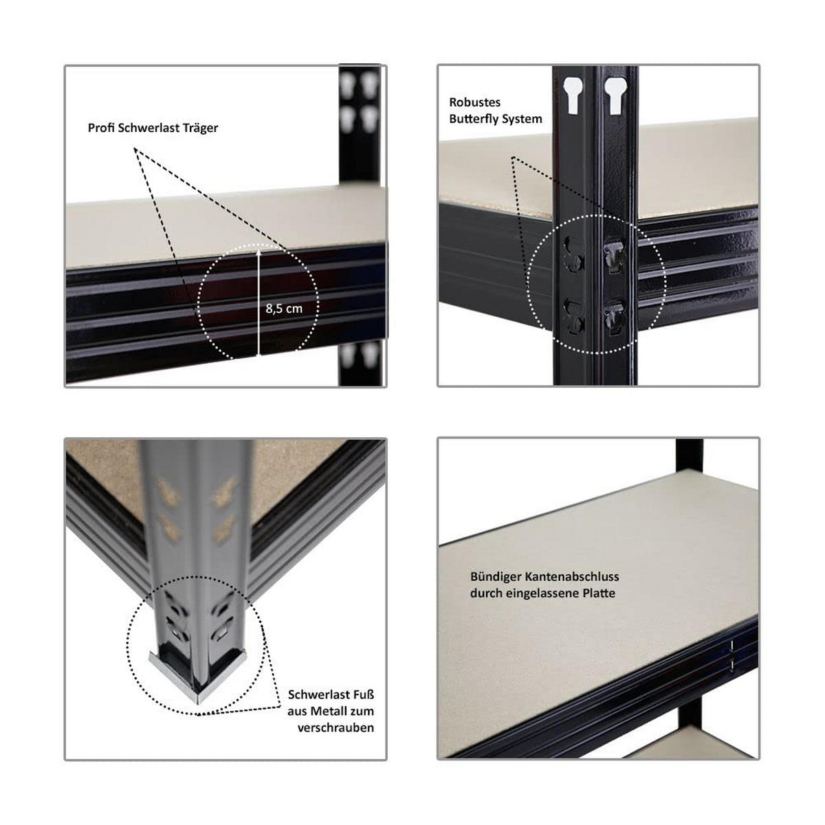 SCHWERLASTREGAL Rhino 2er-Set mit 2x 180x200x60 cm 4 Spanplatten-Ebenen 16mm Fachlast 500 kg Schwarz - Schwarz, Metall (400/180/60cm) - PROREGAL