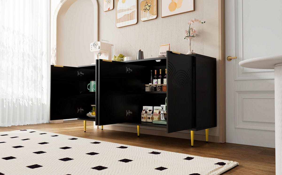 SIDEBOARD 160x40x80 cm mit 4 Türen und Hochglanzbeinen, Schwarz - Schwarz, Holz (160/80/40cm)