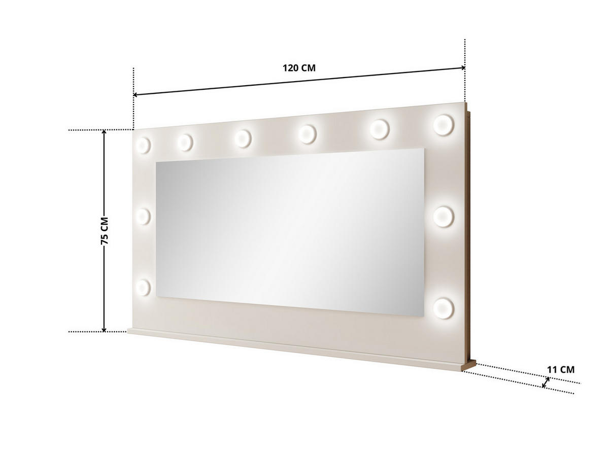WANDSPIEGEL MIA 120x75 cm Kaschmir - inkl. 10 LED-Lampen im Hollywood-Stil - Kaschmir, Holz/Holzwerkstoff (120/75/11cm) - Ravio