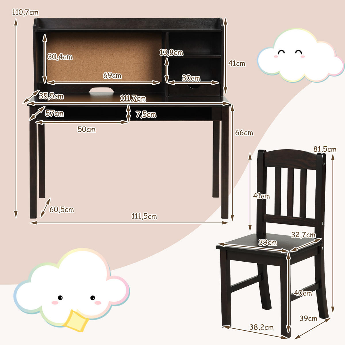 KINDERSCHREIBTISCH mit Hängeplatte braun(2-tlg) - Braun, Holzwerkstoff (111.5/110.7/60.5cm) - COSTWAY