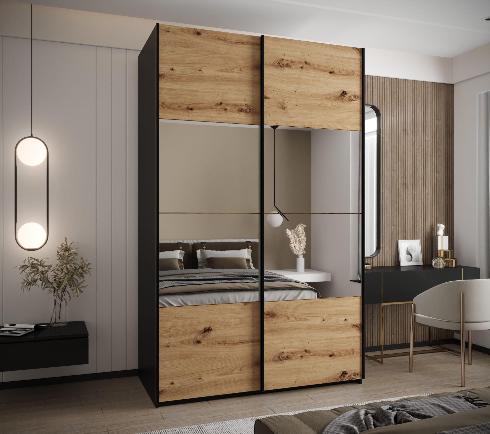 SCHWEBETÜRENSCHRANK 245,5/160/64 2-türig - Schwarz/Eiche Artisan, Holz/Metall (160/245/64cm) - Abiks Möbel