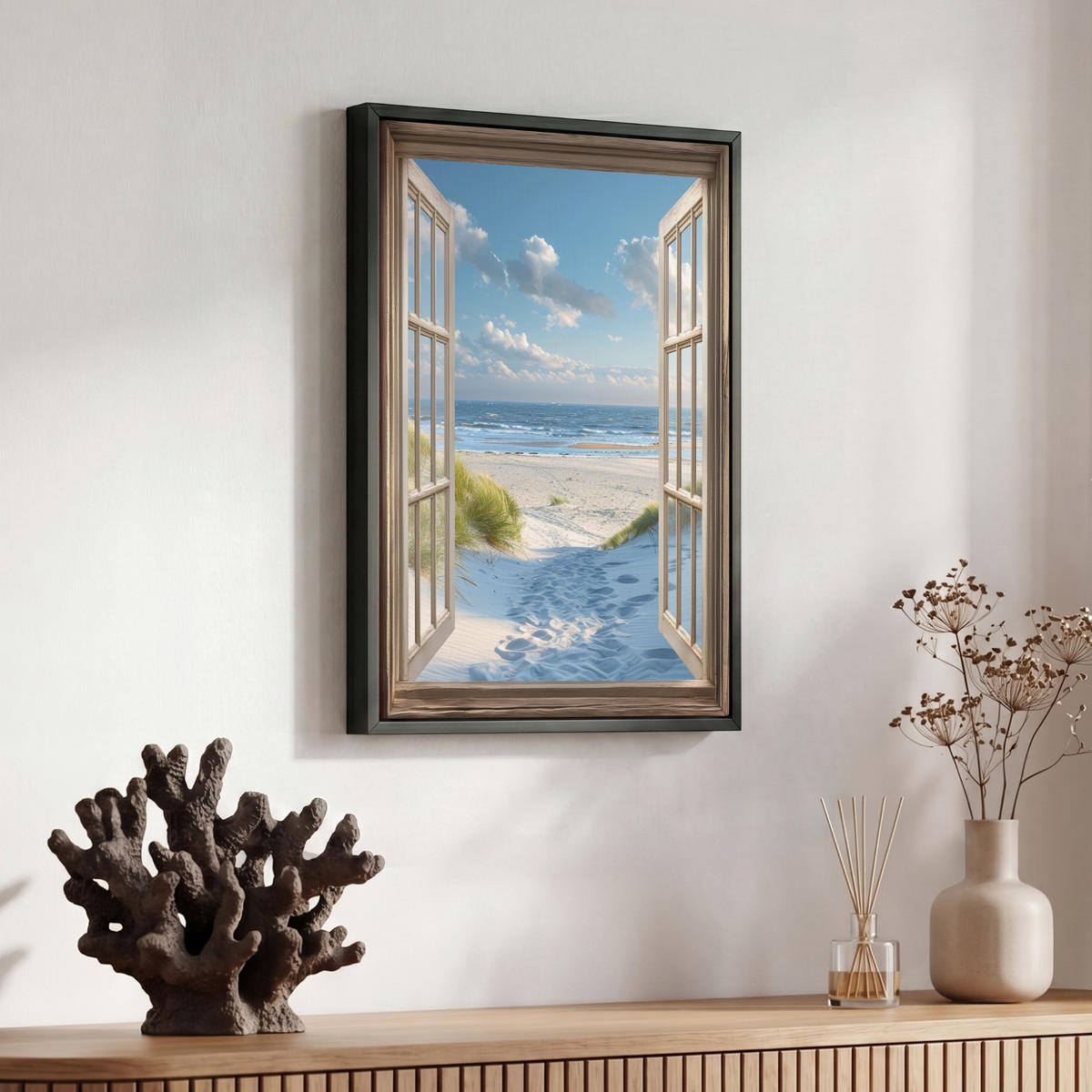 LEINWAND Bilder mit Rahmen - Aussicht - Strand - Fenster - Dünen - Meer - 30x40 - Hellblau, Textil (30/40cm) - MuchoWow