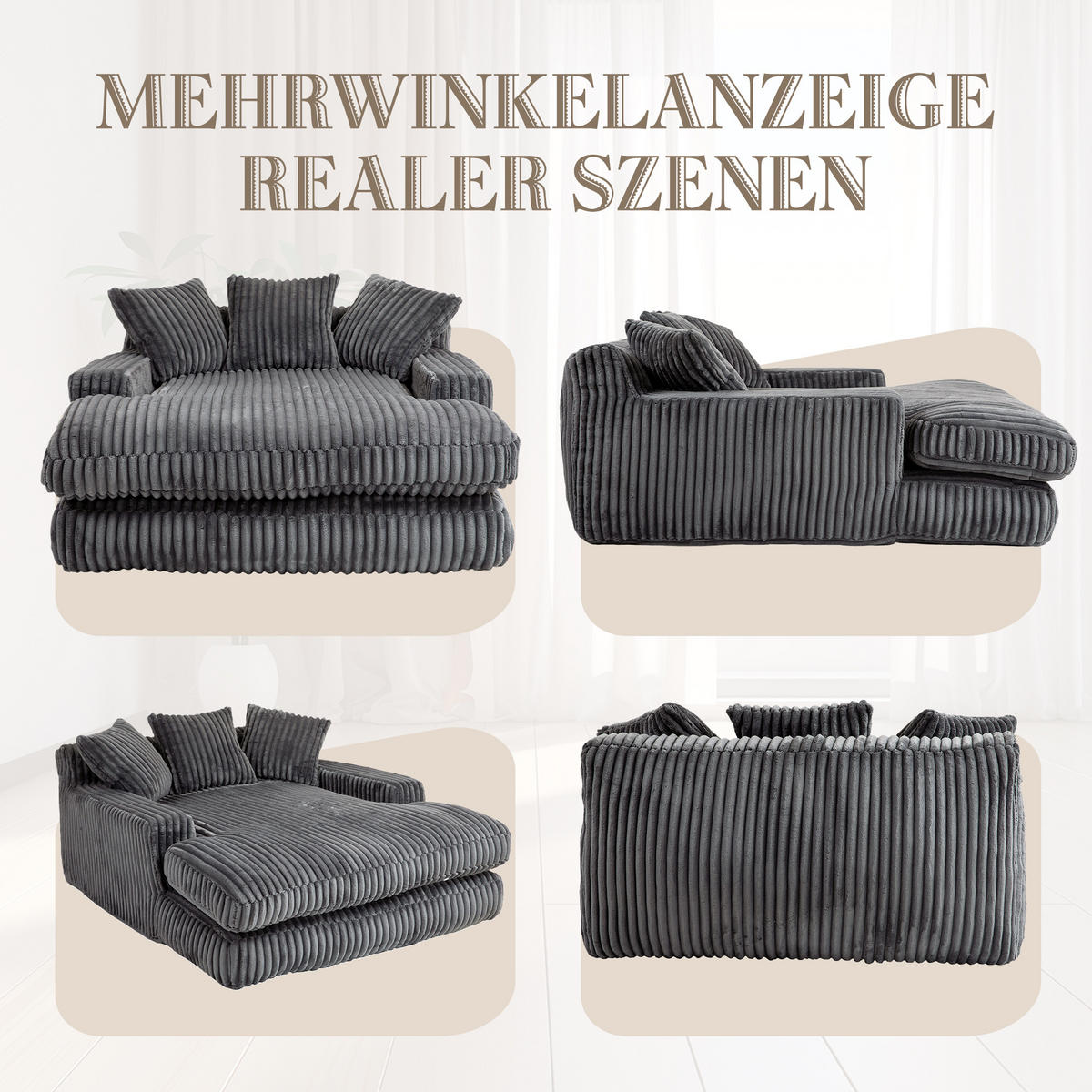 CHAISELONGUE Cord mit 3 Kissen 125/155/63 cm Dunkelgrau - Dunkelgrau, Textil (63/125/155cm) - Redom