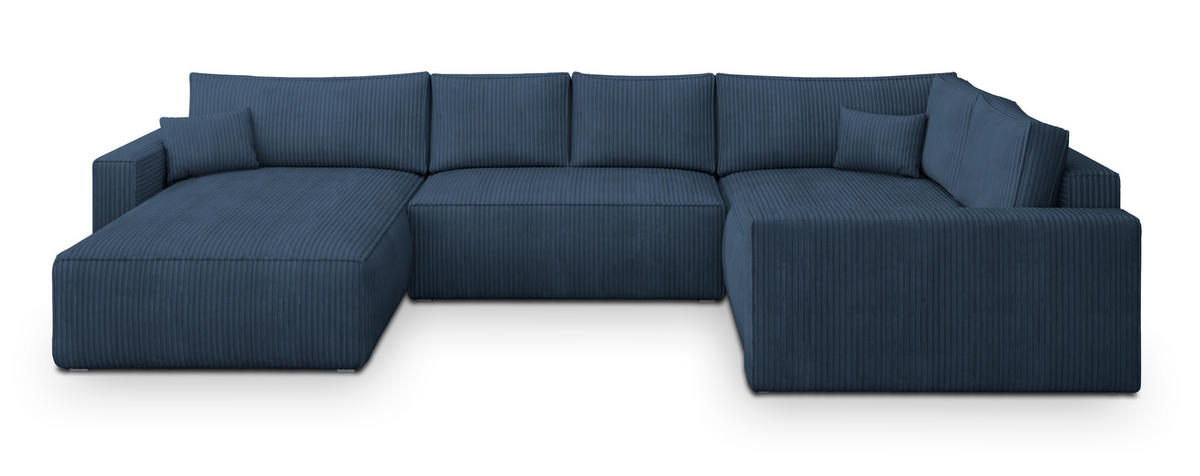 WOHNLANDSCHAFT VELAMI R-S Blau Kordstoff mit Schlaffunktion - Blau, Holz (365/83/194cm) - MASSENO