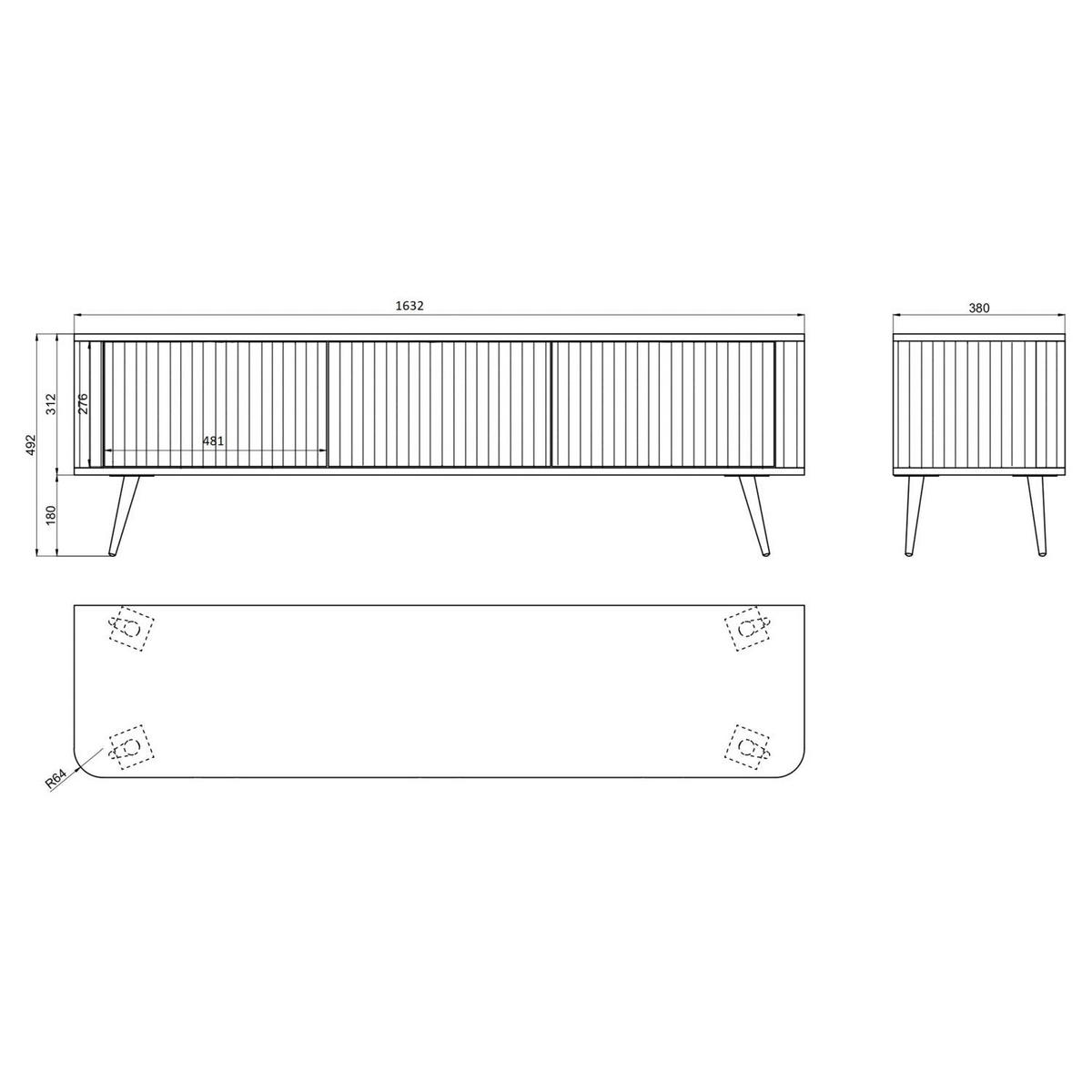 TV-LOWBOARD Ovarlo Schwarz mit geriffelten Fronten 3-türig 163/49/38 cm - Schwarz, Holzwerkstoff/Metall (163.2/49.2/38cm) - Selsey