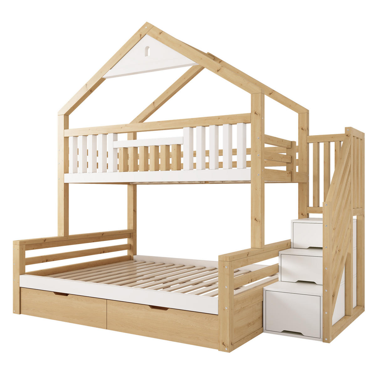 ETAGENBETT 90x200 & 140x200 cm in Weiß/Eiche mit Stauraumtreppe und Schubladen - Weiß, Holz (140/200cm) - IVMEU