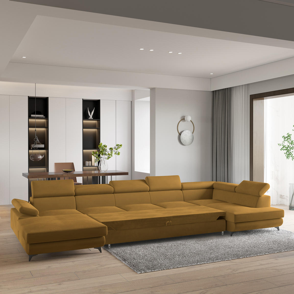 WOHNLANDSCHAFT MONTIVA Gelb Velours-Stoff mit Schlaffunktion - Gelb, Holz (410/89/190cm) - MASSENO